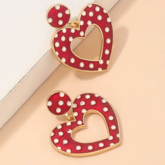 Jewelry - Red with White Polka Dots Heart Dangle Stud Earrings